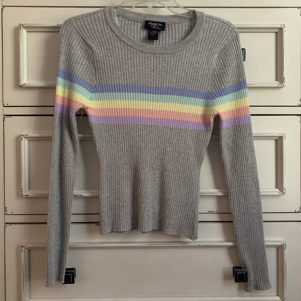 fitted grey long sleeve shirt with rainbow stripes